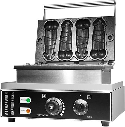 Miniatura 2 de Máquina comercial de gofres de pene de 110 V con enchufe de EE. UU., divertido diseño creativo de perritos calientes, 4 piezas antiadherentes,