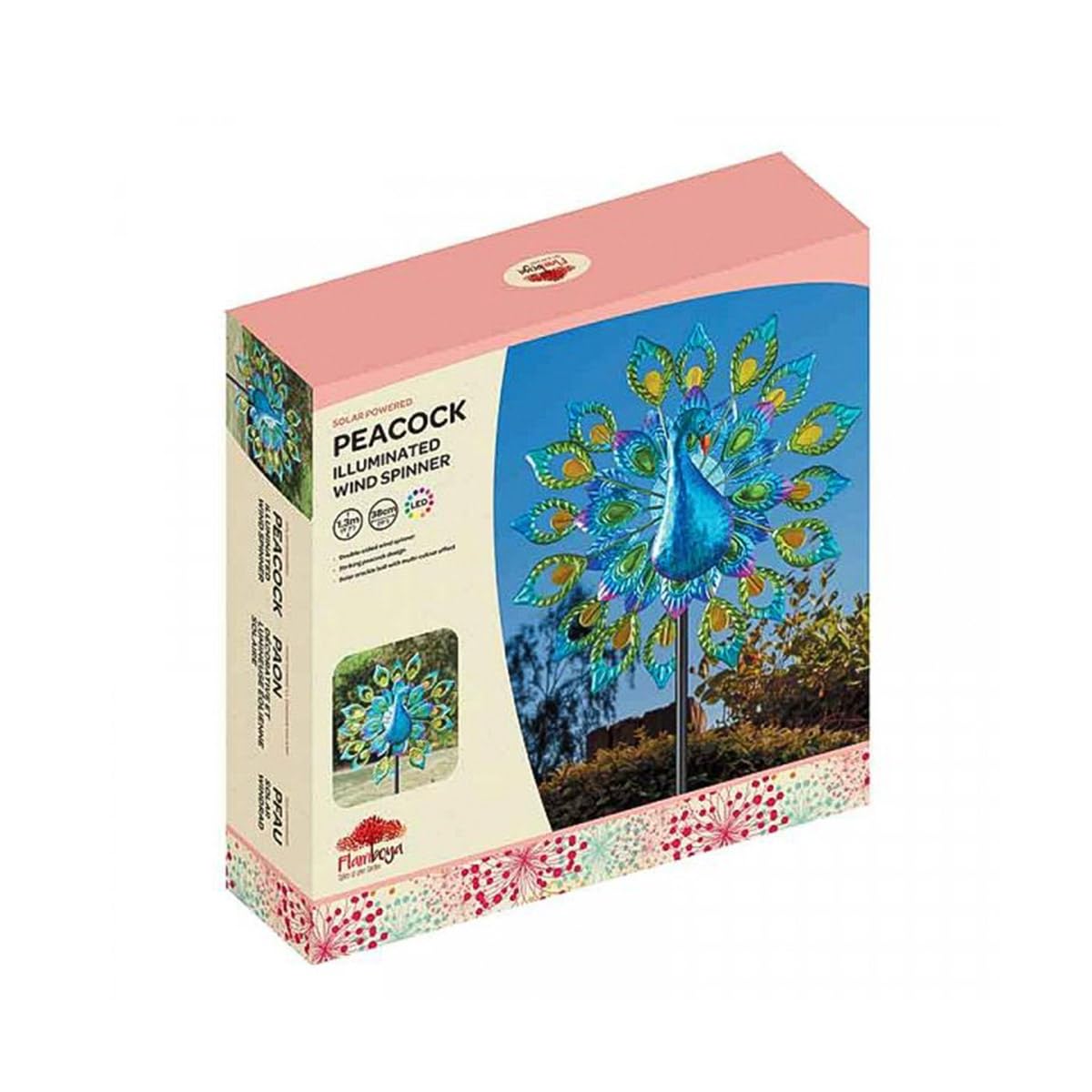 Festive Lights - Girandola solare da giardino da 1,3 m, blu pavone, con LED che cambia colore, sfera di vetro cracklé, resistente alle intemperie - Luce esterna IP44 con piume rotanti e robusto