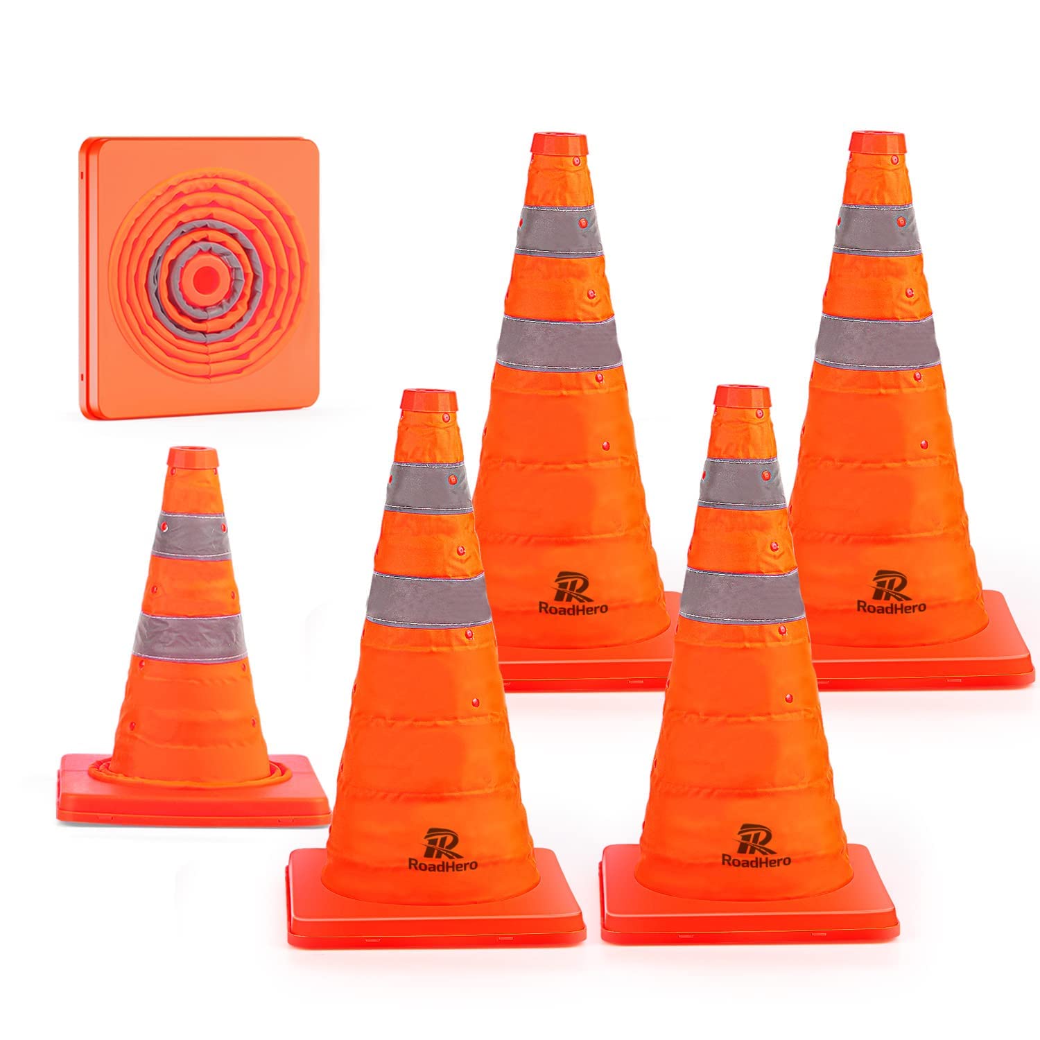 RoadHero 18 Inch 6 Pack Collapsible Traffic Safety Cones, Multi Purpose Pop-up Cones with Reflective Collar for Road Safety, Orange Cones for Driving
