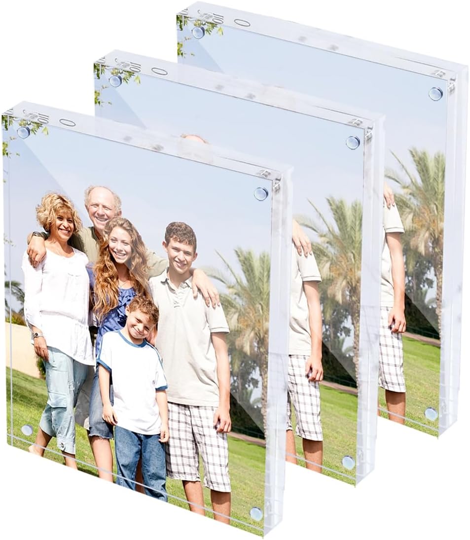 Acrylic Picture Frame 3 Pack, 6x8 Photo Frames , 20% Thicker Block Clear Picture Frames, Double Sided Magnetic Acrylic Frameless, Freestanding Transparent Square Frame, Gifts for Women Mom Grandma Father Girlfriend Sister