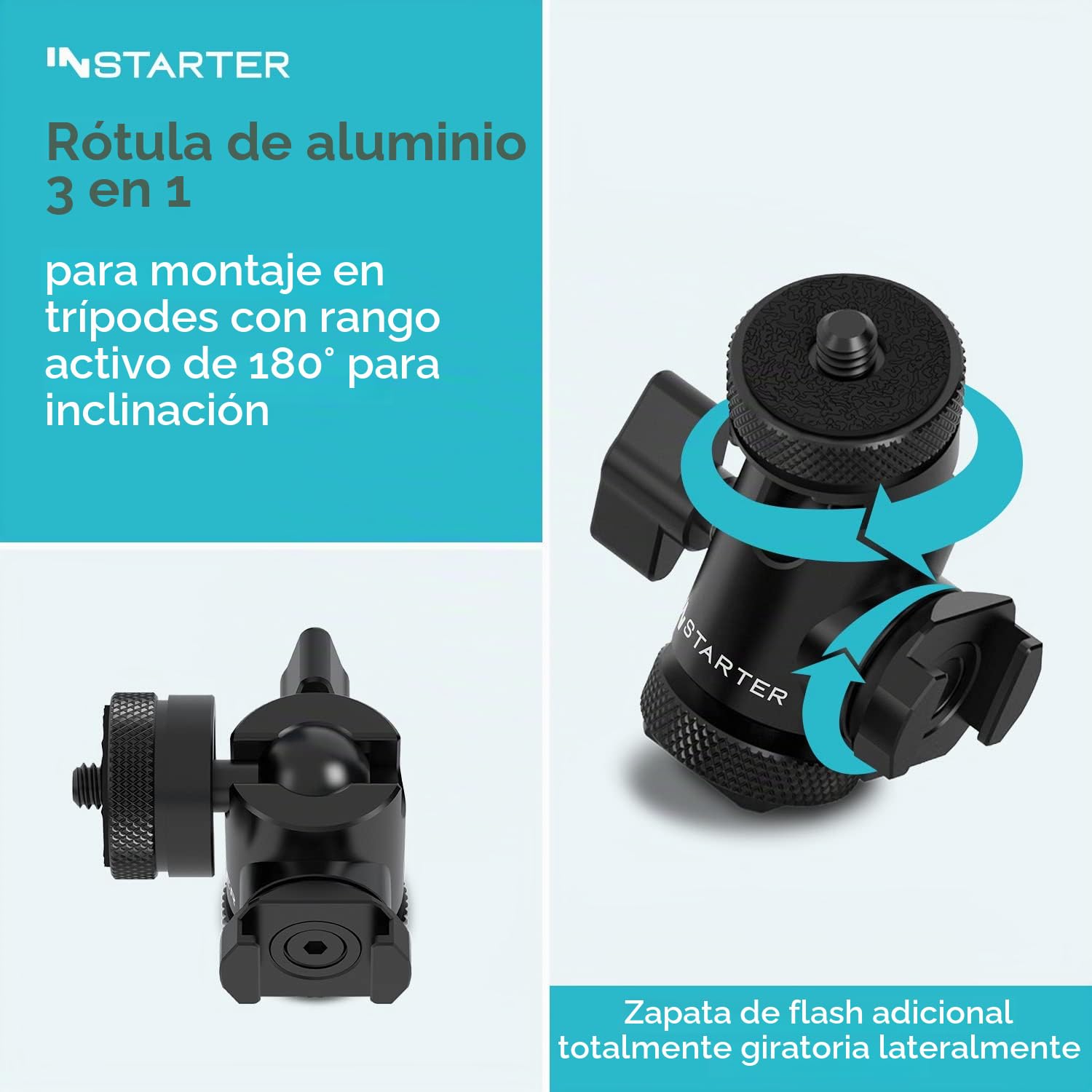 Cabezal De Bola 3 En 1 Con Doble Zapata Y Rosca De 1/4″ – Inclinación 180°, Carga Hasta 3kg, Para Cámaras Y Trípodes