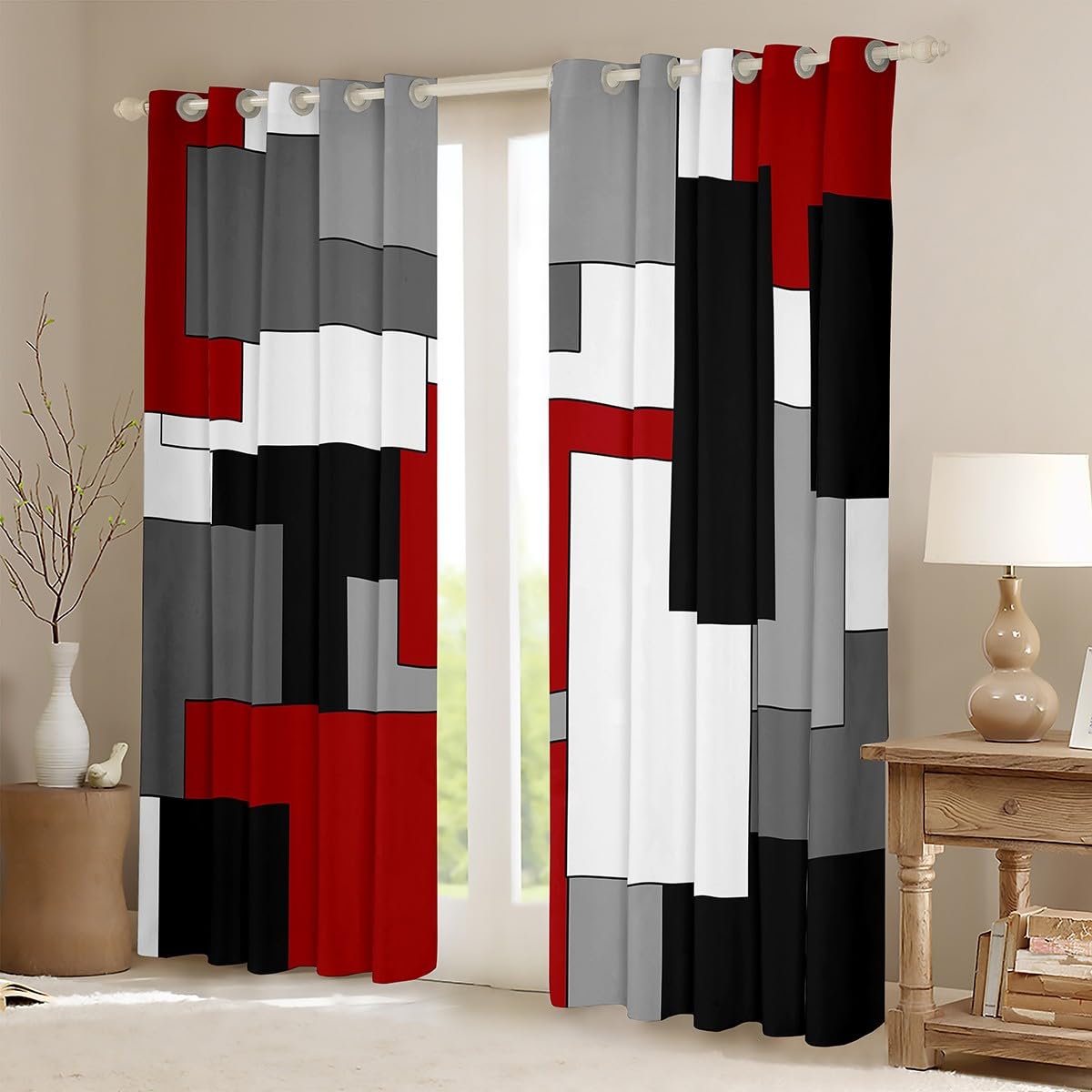Homewish Rideau Occultant 140x175 cm Géométrique Rouge Gris, Rideau Abstrait À Échecs, Rideaux Voilage Décoratif Rayé Moderne, Voilage Fenetre Décor Intérieur de Grille Moderne pour Chambre Salon