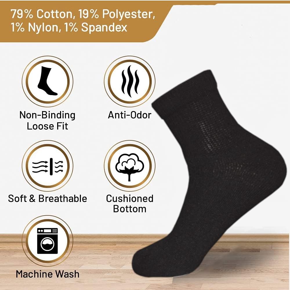 MB55 Premium Cotton Diabetic Quarter Ankle Socks - Lightweight and Non-Binding Loose Top Socks for Circulation Problems, Diabetics, or Neuropathy - 3 Pairs Cushioned Ankle Socks (Black, 10-13) : Health & Household