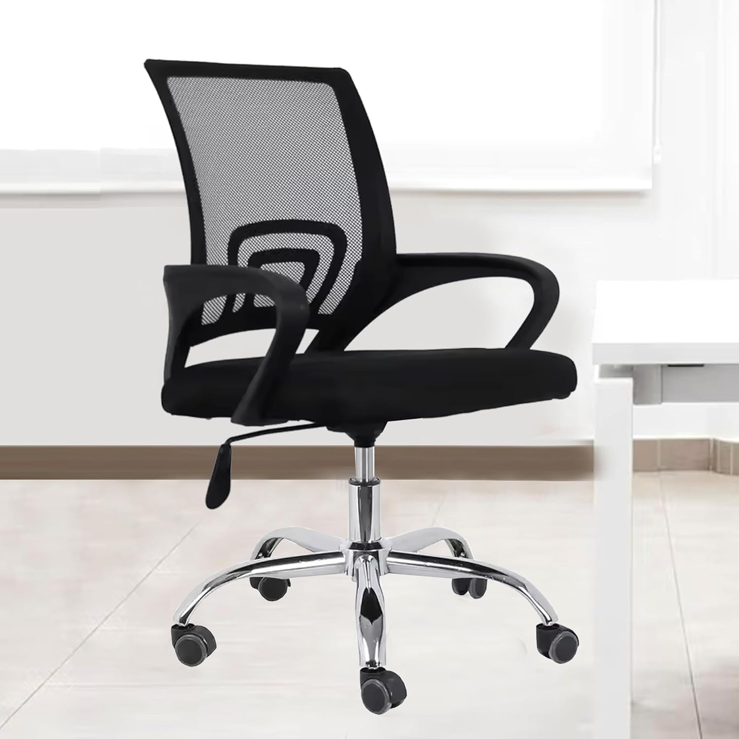 Casa Copenhagen Mesh Mid Back Office/Study/Computer/Revolving/Desk Chair for Work from Home -Metal Base, Height Adjustable Seat - Black & Black Handle