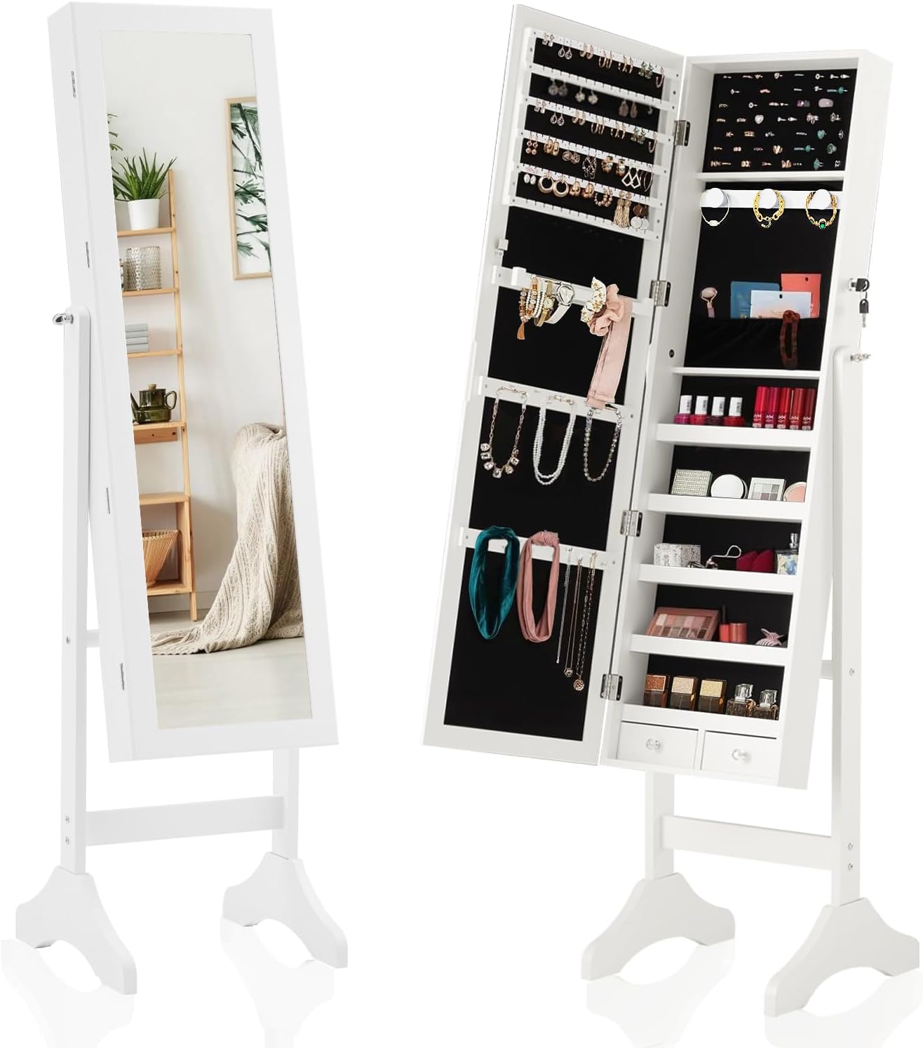 Sweetcrispy 47.3" Freestanding Jewelry Armoire with Full-Length Mirror, Lockable Tall Cabinet, Velvet Lining, 3 Angles, Large Capacity - White