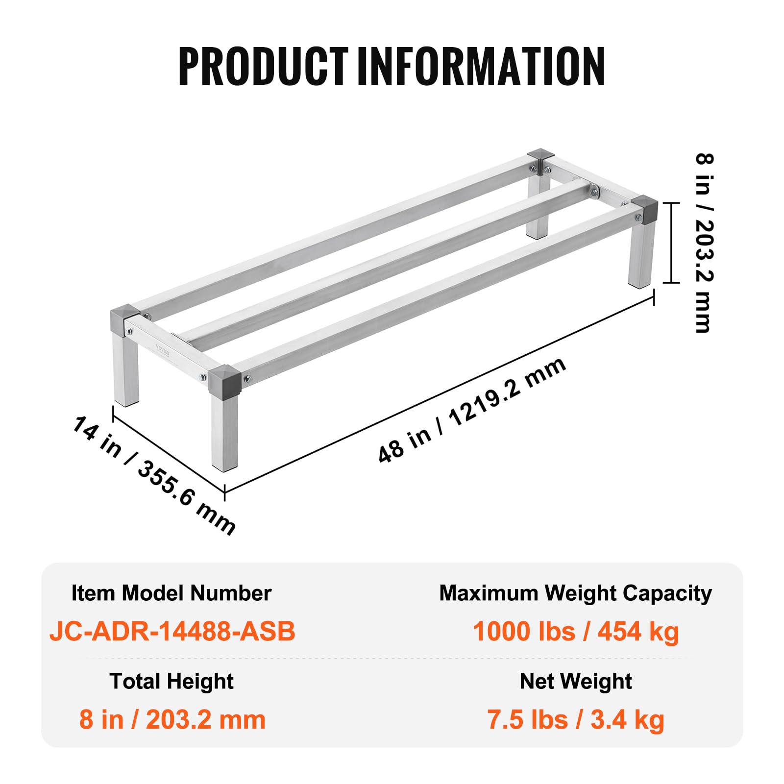 VEVOR Rack de Calage en Aluminium, 121,9x35,5x20,3 cm, Support de Stockage Commercial, Capacité de Charge 454 kg, Assemblage Facile, pour Rangement Aliments au Sol, dans Restaurants, Cuisines, Garages