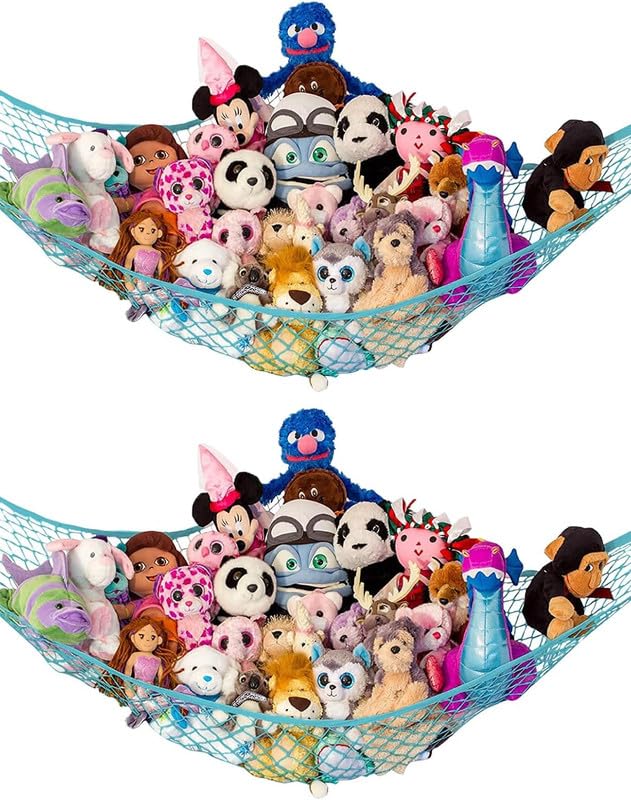 Image of Stuffed Animal Hammock XL 2 Pack | Corner Stuffed Animal Storage & Plushie Net | Extra Large Toy Hammock for Stuffed Animals | Easy Hang, Hardware Included | Light Blue Bedroom Decor | by Lilly's Love