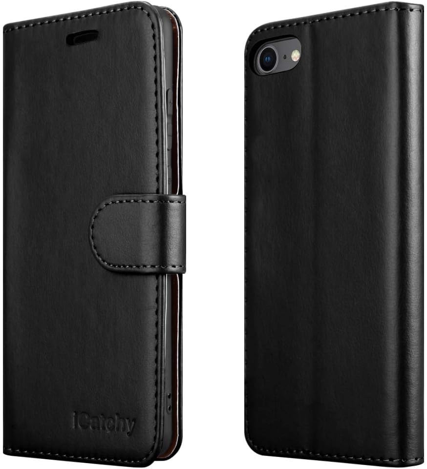 iCatchy For iPhone SE 2022 Case 2020 Case, 8 7 Leather Wallet Book Flip Folio Stand View Compatible with se 2022/2020 Phone Cover (Black)