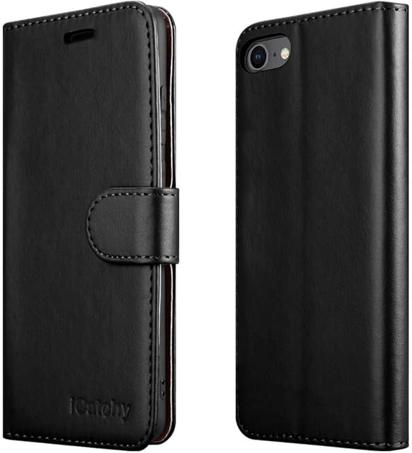 iCatchy For iPhone SE 2022 Case SE 2020 Case, iPhone 8 Case iPhone 7 Case Leather Wallet Book Flip Folio Stand View Case Compatible with iPhone se 2022/2020 Phone Case Cover (Black)