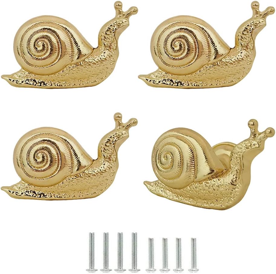 decorative snail cabinet knobs, vintage metal snail shape knobs pulls handles single hole for door drawer cupboard closet, antique dresser knobs kitchen home hardware furniture handle 4pcs (gold)