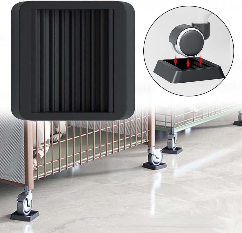 Black Rubber Caster Stoppers 80x80x20mm, Anti-Slip Floor Protector Pads with Grooved Design for Chairs, Desks, Beds, and Pet Cages on Hardwood, Tile, Carpet (1/4 Pack)