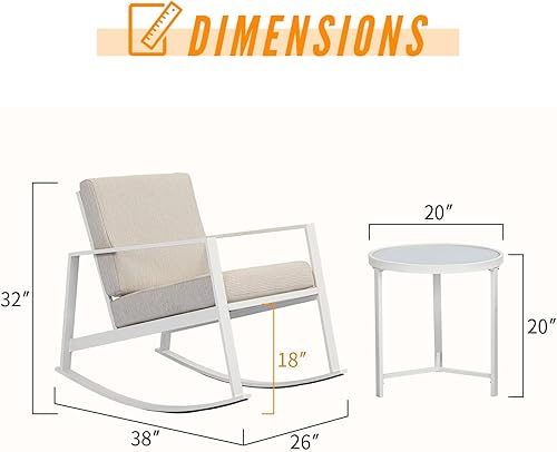 Miniatura 6 de AQUILLA Juego de 3 mecedoras de patio para exteriores, muebles de exterior con marco de metal, mesa redonda de vidrio templado, cojines gruesos de