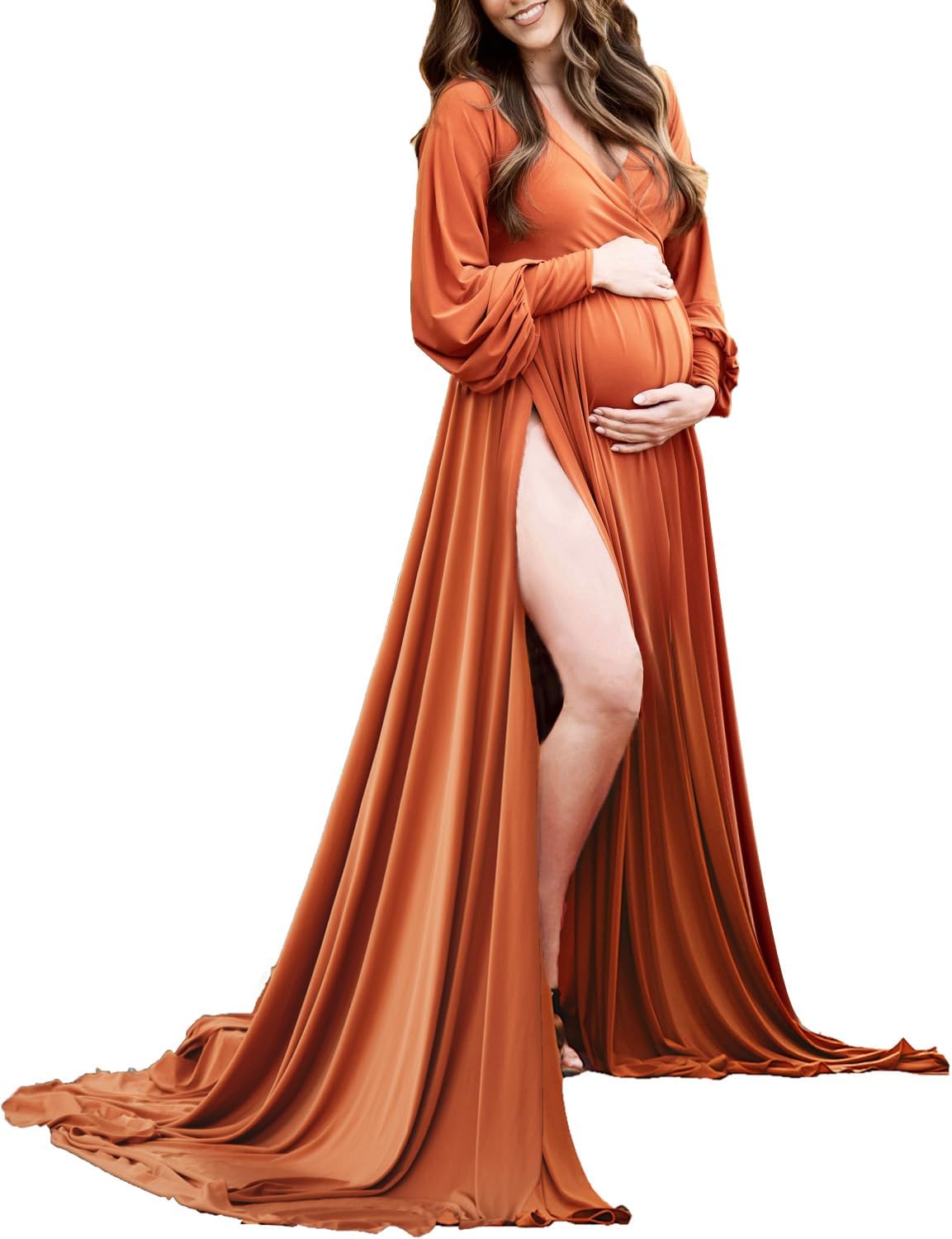 Maternity Gown Bishop Sleeves Baby Shower Dress Wrap Side Slit Sweetheart Maxi Photo Shoot for Photography