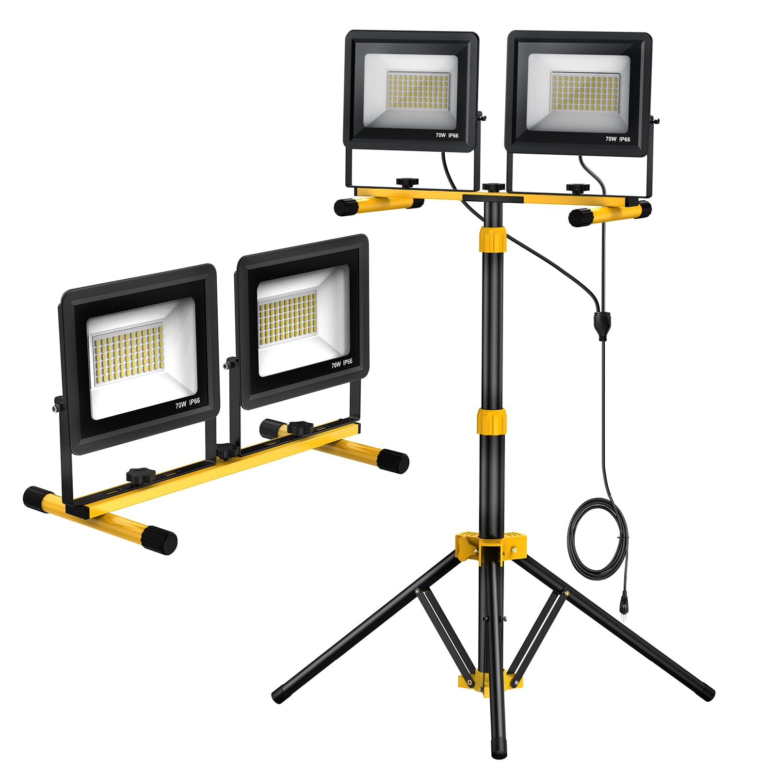 Upgraded LED Work Lights with Stand, 2-Head Adjustable Work Light, Waterproof Tripod Worklights with 16.5 FT Cord for Outdoor & Indoor Job Sites, Workshops, Construction, Garage Lighting