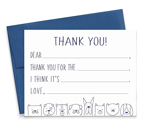 Dog Fill In Thank You Note Cards, Dogs Thank you Cards Fill In the Blank Thank You Cards, Puppy Thank You Cards with Envelopes Your Choice of Colors