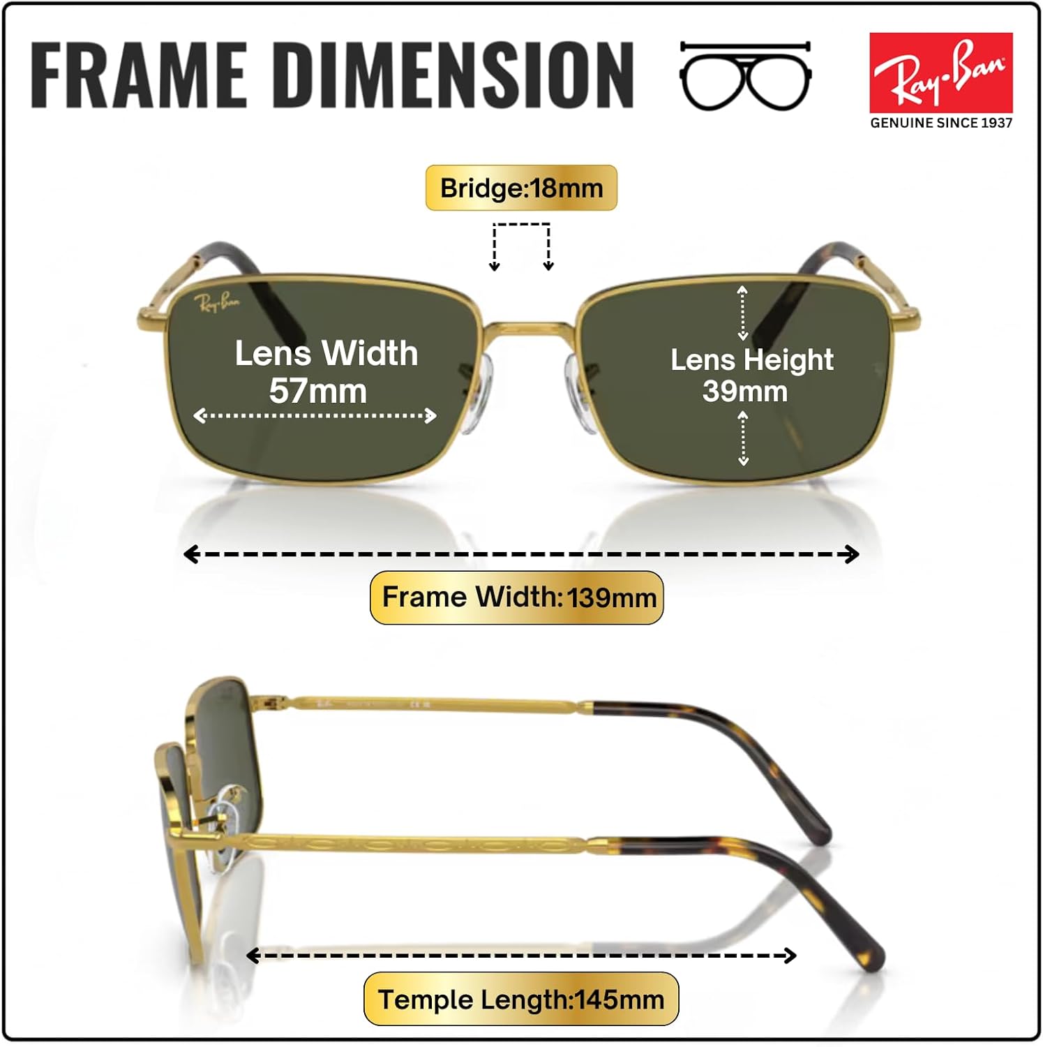 Ray-Ban RB3717 Rectangle Shaped Sunglasses for Men & Women with Official RAYBAN Eyewear Kit