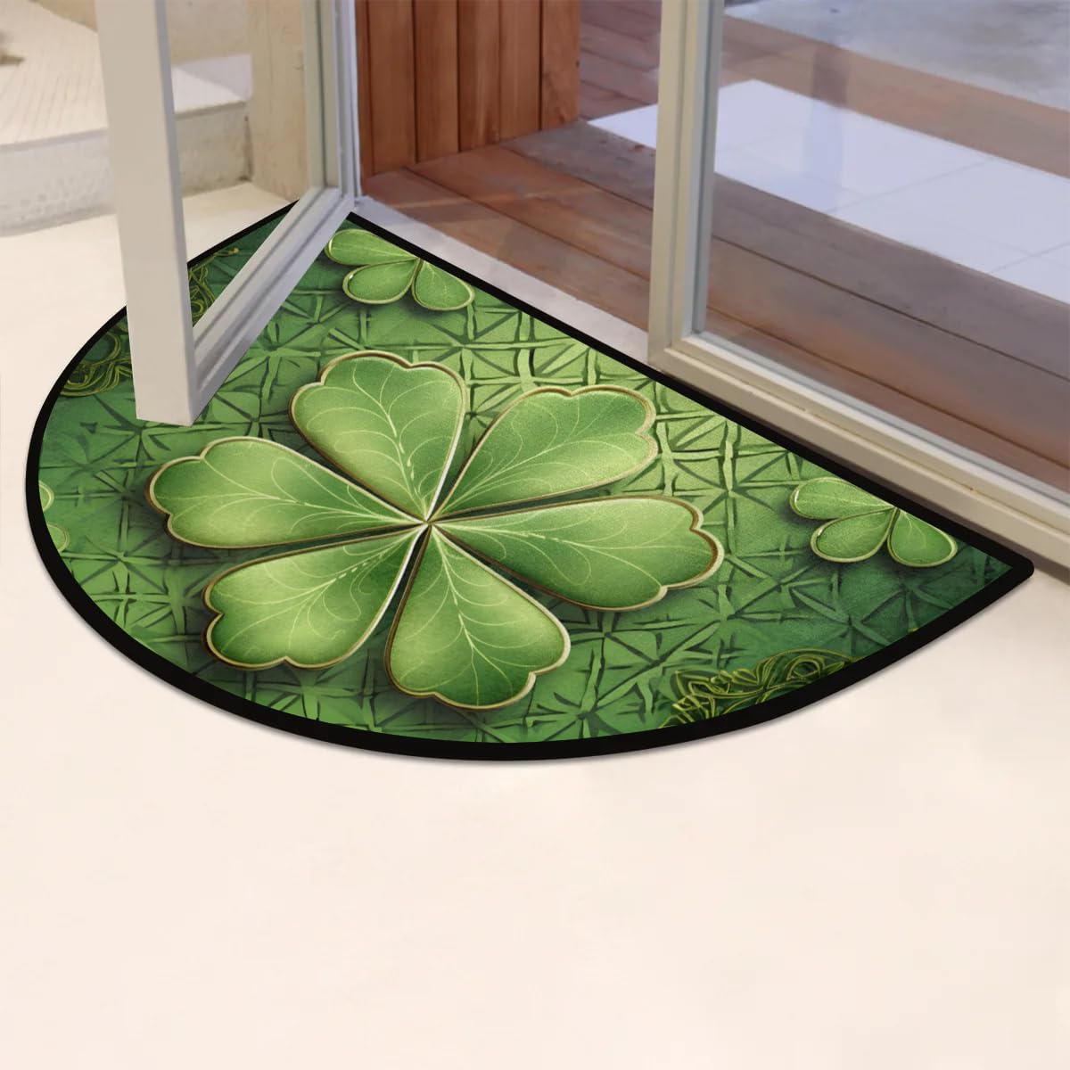 cfpolar Half Round Door Mat Four Leaf Clovers Pattern Non-Slip Semi Circle Area Rug Washable Semi Circle Floor Rug for Indoor Outdoor Living Room Bathroom Kitchen Patio Hearth Rugs Home Decoration