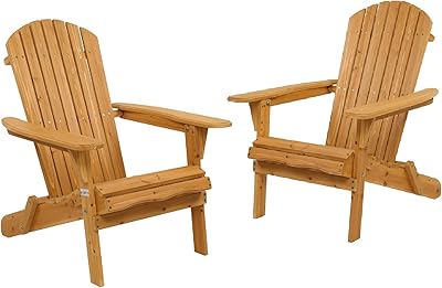 VINGLI Wooden Adirondack Chair Ergonomic Design (2pk), Folding Outdoor Patio Lounger Armchair Furniture w/Natural Finish, for Beach, Poolside, Balcony