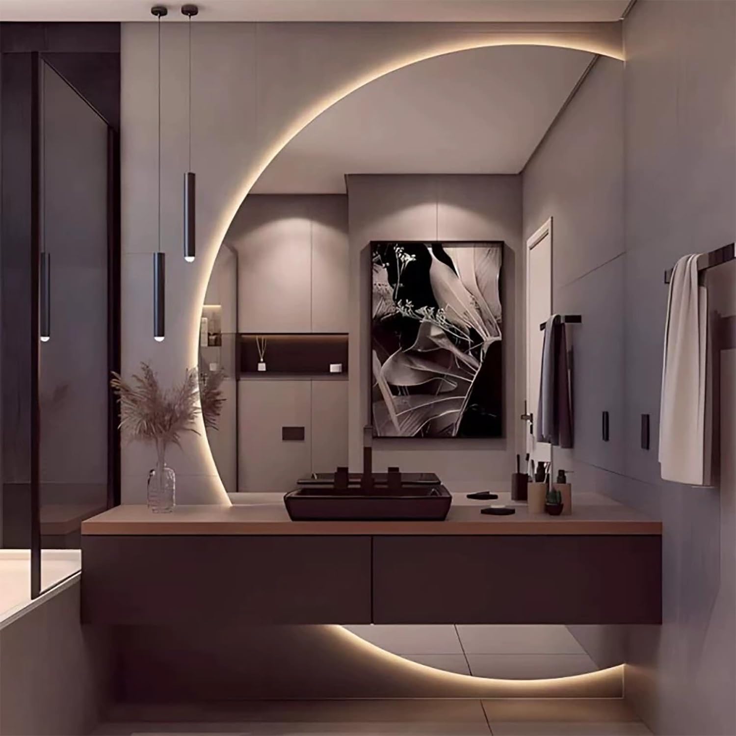 FGXHHS LED Dimmable Vanity Mirror, Half Circle Smart Bathroom Anti-Fog Wall Mounted Home Decor, Illuminated