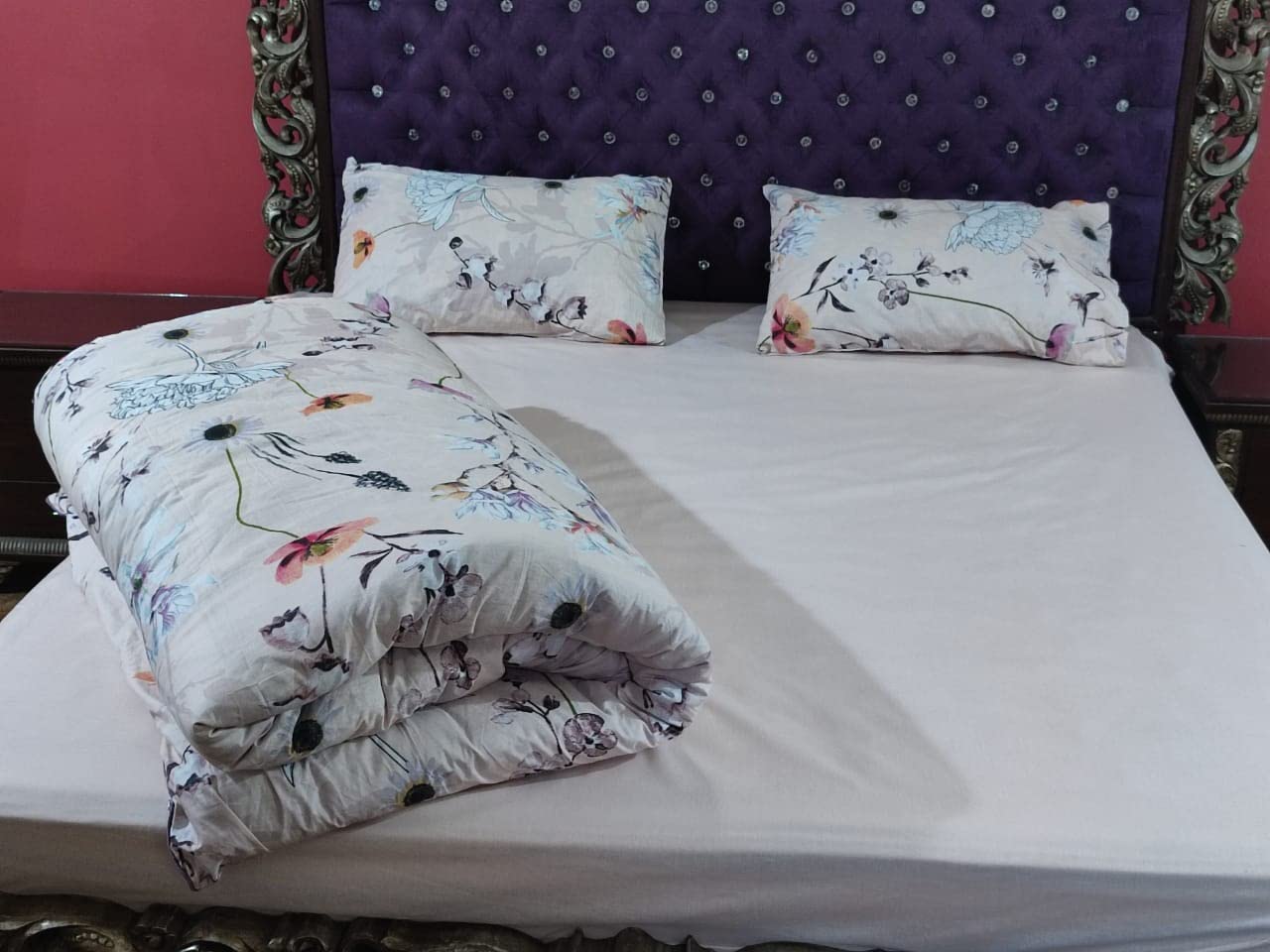 Drap plat en coton avec 2 taies d'oreiller grand lit King et Queen size pour l'été