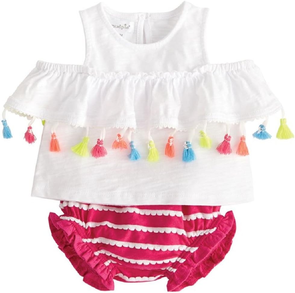 Mud Pie Baby Girls' Tassel Pinafore Cold Shoulder 2 Pc Play Set & Bloomers