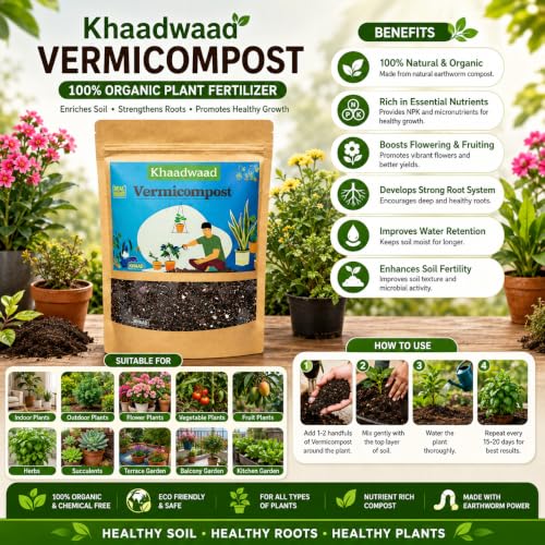 Image of Organic Vermicompost Fertilizer for Plants | Natural Manure & Soil Enricher for Home Garden, Terrace Garden, Pots, Planters & Vegetable Plants (1kg)