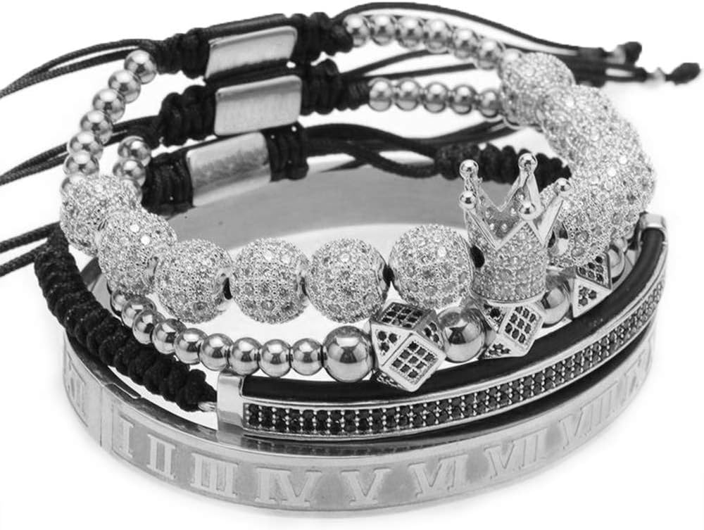 17K 4pcs/set Men Bracelet Crown Pave Stainless Steel Beads Braided Braiding Bracelet Luxury Jewelry for Women Bracelets (Silver)