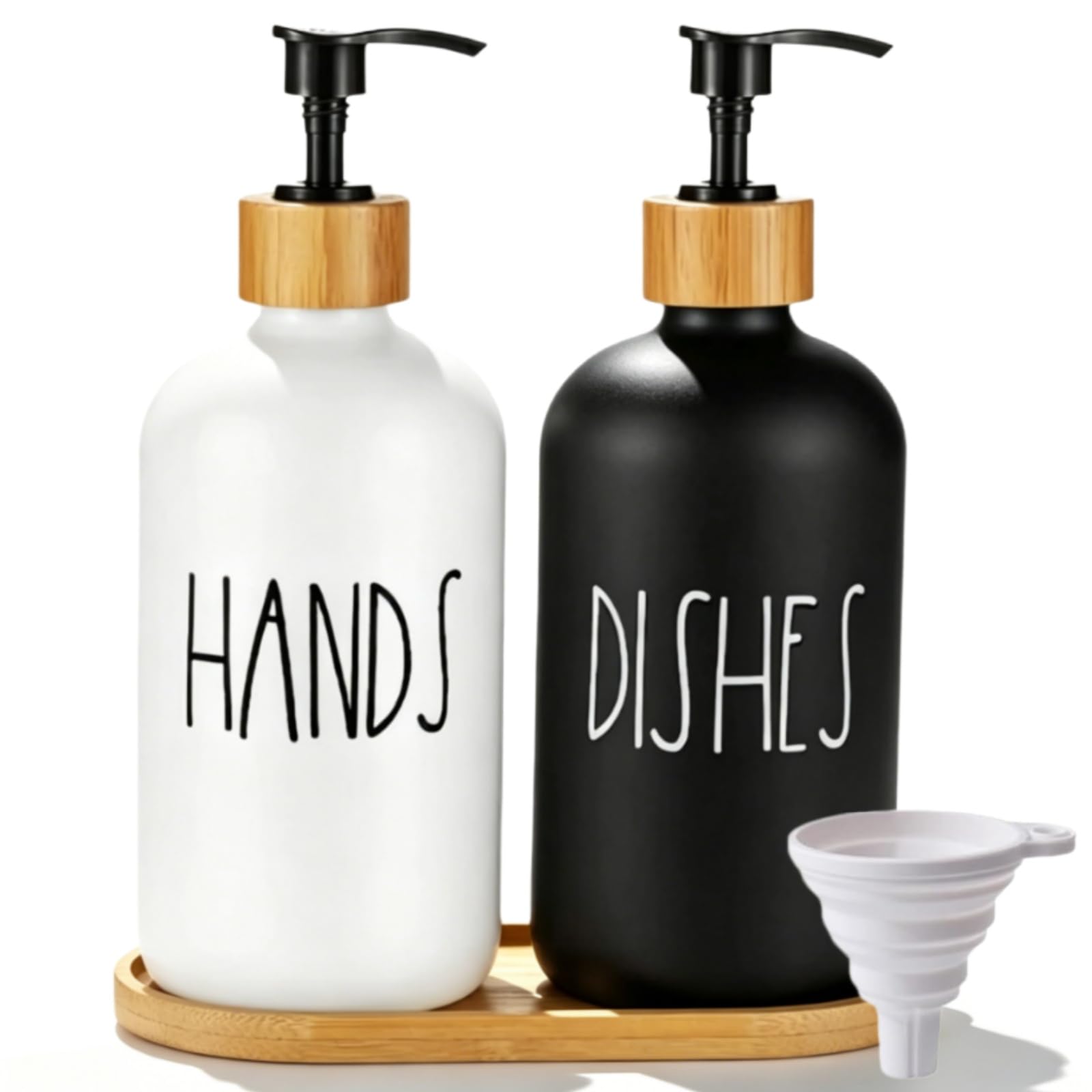 2 Pack Glass Soap Dispenser Bottles, Glass Soap Dispenser Bottle with Pump, with Tray Refillable hand soap dispenser, for Kitchen or Bathroom Countertop Laundry Essentials