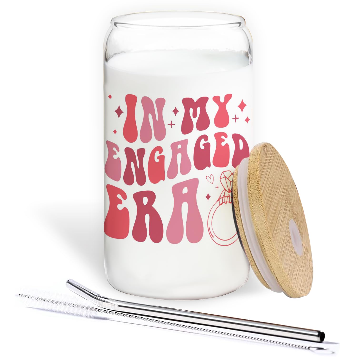 BEHIFL In My Engaged Era Glass Cup With Lids And Straws 14oz - Engagement Gifts For Couples,Bride To Be Gifts,Engagement Gifts For Her,Fiance Gifts For Women