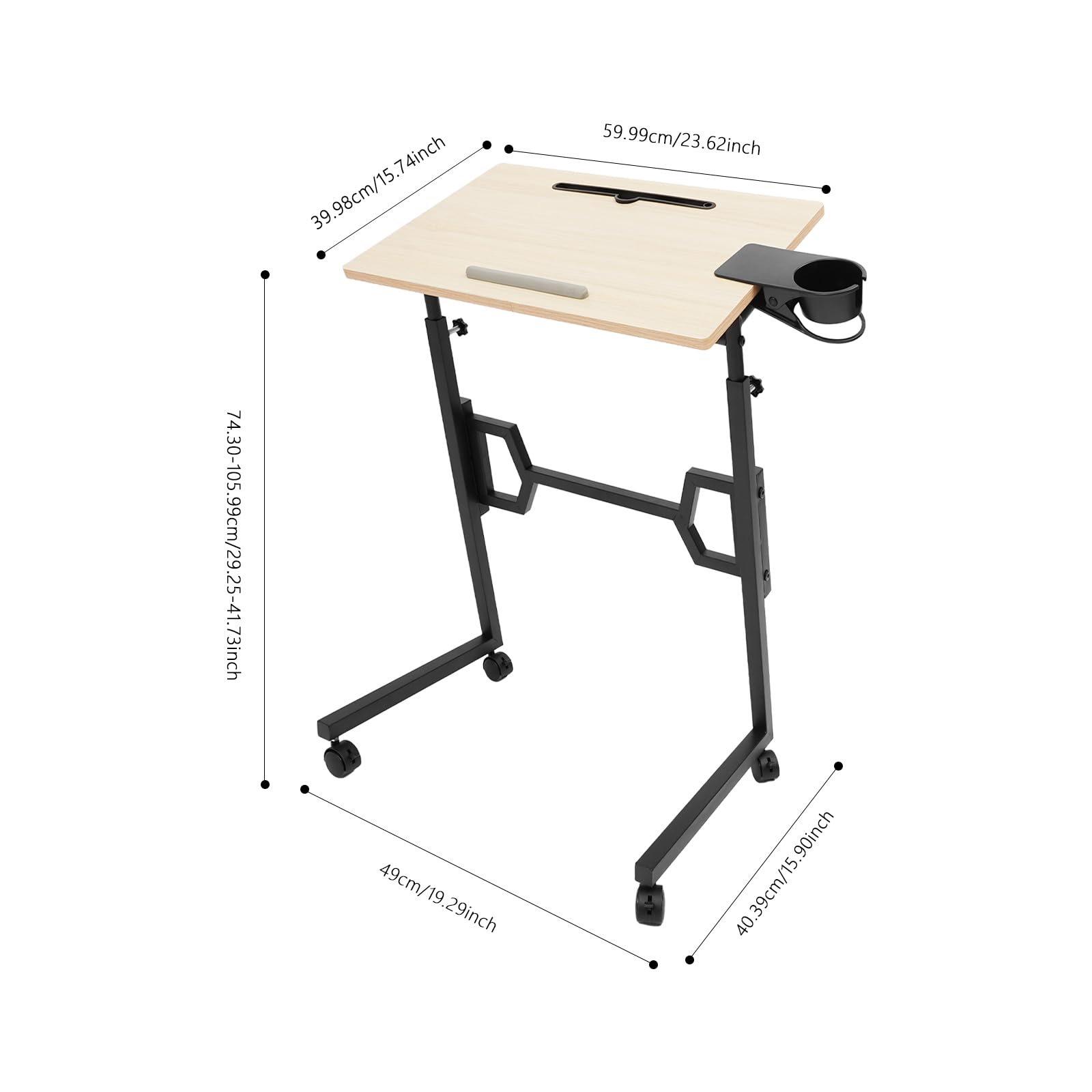 Laufband Schreibtisch mobil, 60×40cm Computertisch mit Rollen | Mobiler Arbeitstisch, Laptoptisch höhenverstellbar 74-106cm, mit Getränkehalter für Laufband, Büro und Zuhause