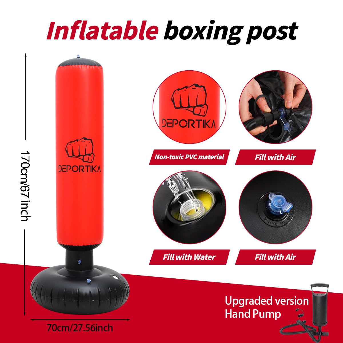 Sacco da boxe gonfiabile, con base d'acqua stabile, attrezzatura da gioco attiva al chiuso per sacco da boxe autoportante bersaglio kick MMA karate colonne sacchi di sabbia per allenamento riflessivo