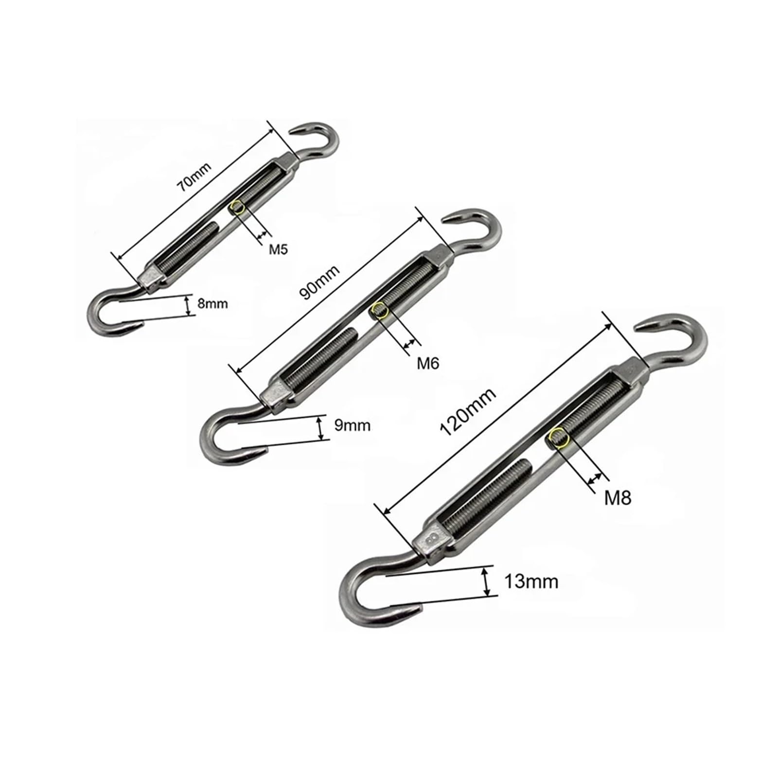 Tensor de alambre de Tensor, 2 Pezzi Gancio e Gancio in Acciaio Inossidabile 304 Argento M5 M6 M8 tenditore tenditore Regolabile for Fune Metallica(M8)