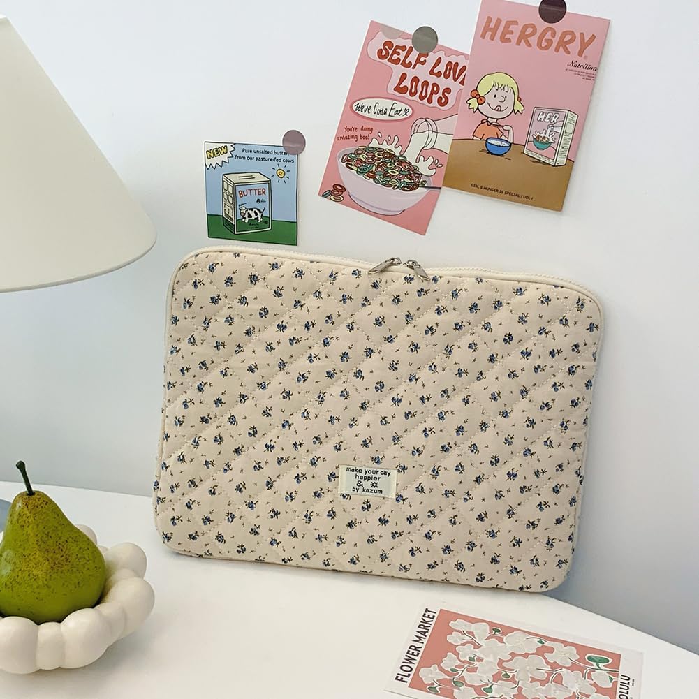 Puffy Laptop Sleeve Cute Computer Bag Case, 11-15 Inch Flower Quilted Laptop Carrying Cases, Floral Pattern Protective Cover Acc