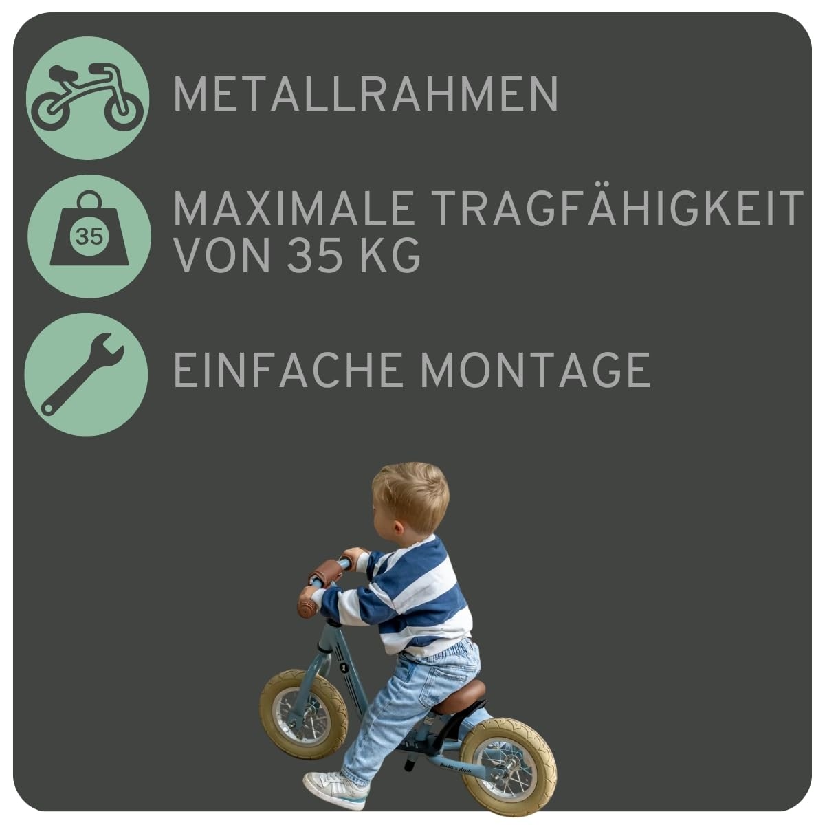 Bandits & Angels Metall-Laufrad Starter Retro mit Trittbrett ab 2 Jahren – grünes Laufrad – Verstellbarer Sattel 29 bis 39 cm – für Jungen und Mädchen – niedriger Einstieg mit Trittbrett