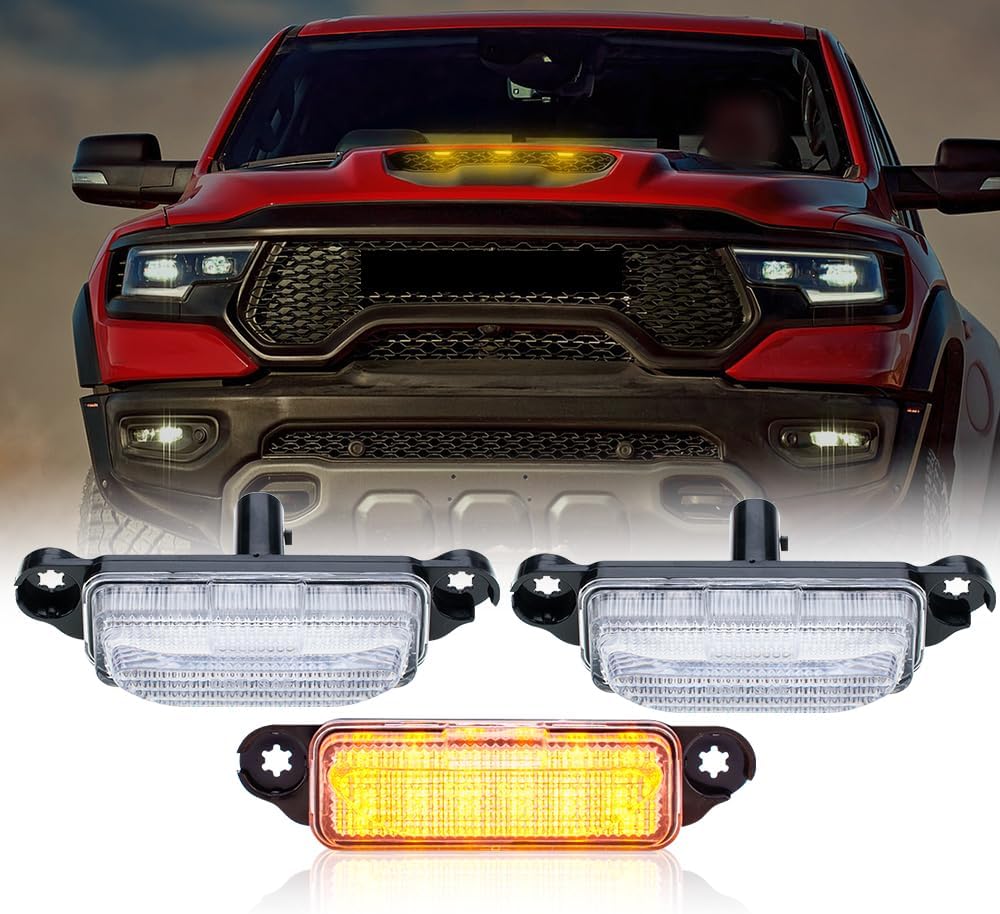 NJSBYL LED Hood Scoop Light for 2021 2022 2023 2024 2025 Ram 1500 TRX, Amber LED Hood Vent Light, Clear Lens TRX Hood Marker Light, Plug-and-Play OEM Replacement, Waterproof