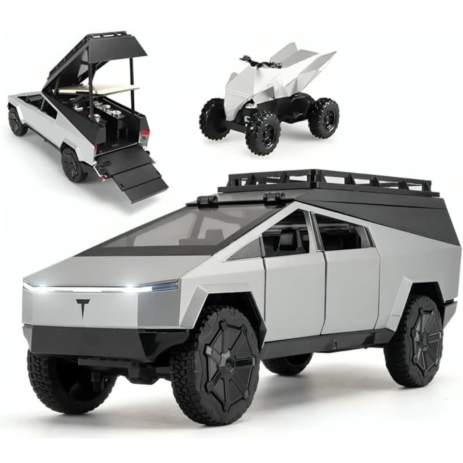 Sky Tech Tesla Cyber truck Camping Pickup RV with Motorcycle 1:32 Model Car Alloy Metal Pull Back Die-cast Car Metal Toy car with Openable Doors & Light Music Best Gifts Toys Kids【Colors as Per Stock】-image-48