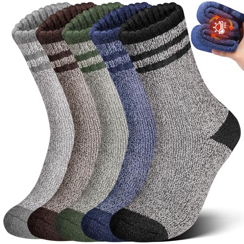 Yeblues 5 Pairs Wool Socks Mens, Winter Thick Merino Warm Hiking Socks,Soft Casual Thermal Crew Socks (Multicolor,6-13)