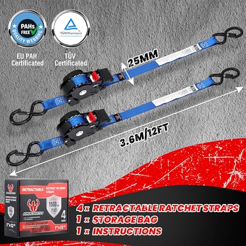 Image of Retractable Ratchet Straps 4 Pack, 1 in x 12 FT Auto Ratchet Straps for Motorcycle, Kayak and Trucks, Breaking Strength 1,500LBS /500LBS Working Load Limit Blue