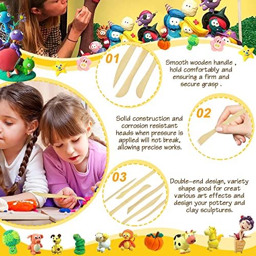 XGUOGE 11 Sets Polymer Clay Tool Double-Sided 10 PCS Wooden Handle Clay Carving Tools & 1 pc Metal Feather Wire Texture Tool Pottery Ceramic Modeling Clay Sculpting Tools Kits for Engraving, Shaping