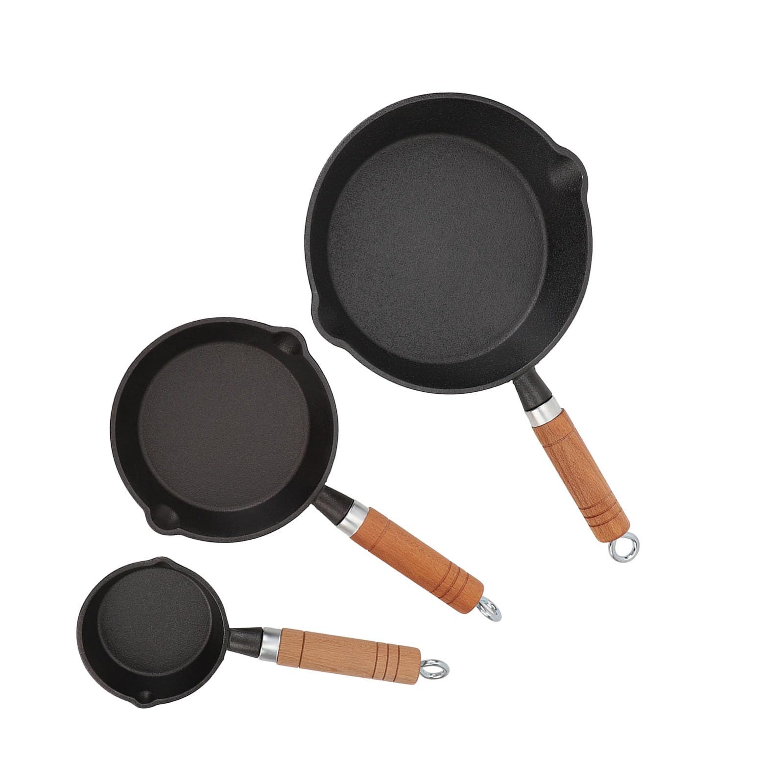 EMUKOEP Mini-Pfannenset aus Gusseisen, Vorgebrannte, Antihaftbeschichtete Bratpfanne Zum Kochen mit Induktion, Lagerfeuer, Grill und mehr. 3-teiliges Pfannenset aus Gusseisen mit Holzgriff