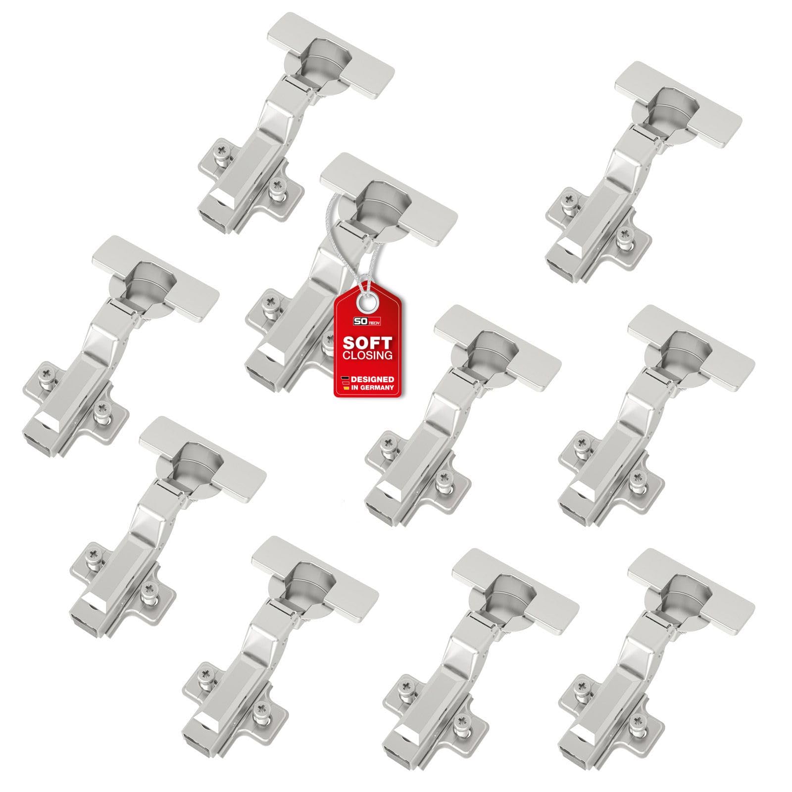 SOTECH SMOOTH 10 Stück SOFT-CLOSE Topfbänder 105° Innenanschlag T52 mit Montageplatten, Abdeckungen, Schrauben und schnell Montage KLIP, getestet mit 50000 Zyklen