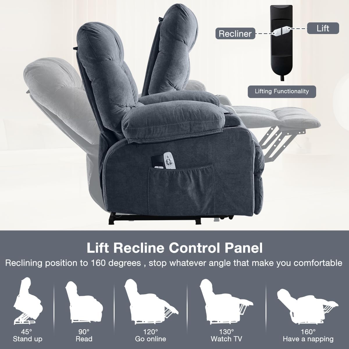 Power Lift Recliner Chair for Elderly with Vibration Massage and Lumbar Heating Electric Recliner Sofa with Cup Holders and USB Charge Port for Living Room Comfort