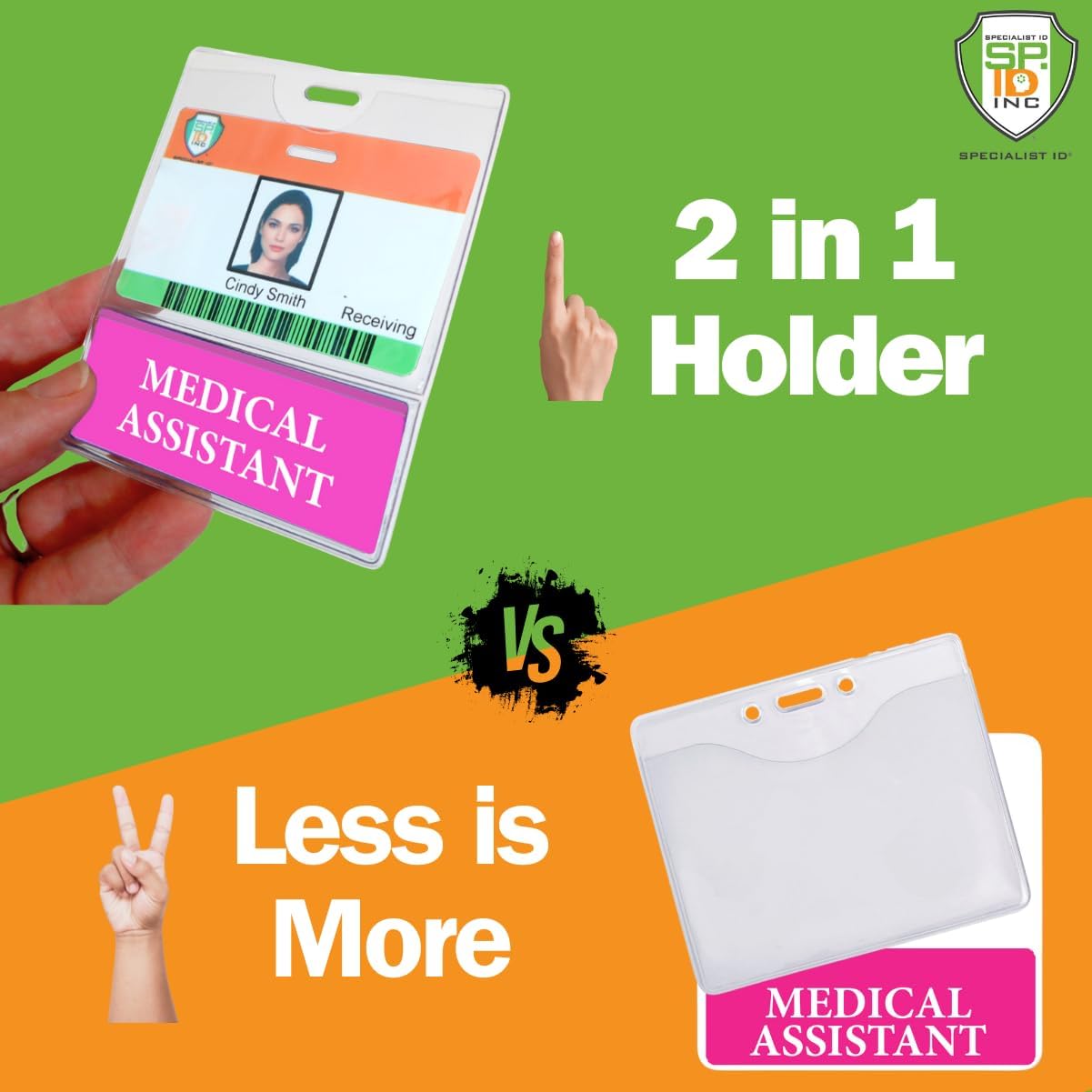 20 Pack - Medical Assistant BadgeBottom Horizontal Badge Buddy & Badge Holder Combo - Heavy Duty 2 in 1 Badge Bottom I’D Nursing Accessories - Double Sided Clear Sleeve by Specialist ID (Hot Pink)