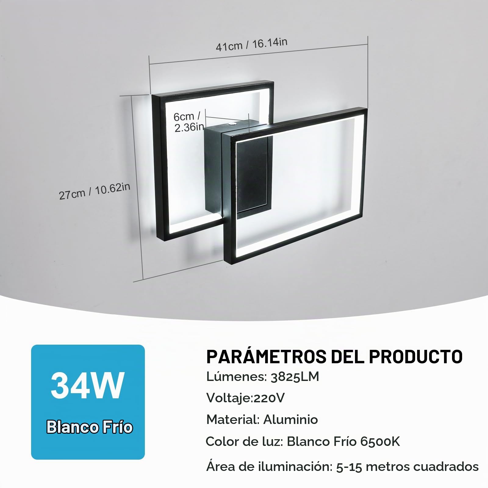 34W 3825LM Aplique Pared Interior LED Blanco Frío 6500K 41CM Negro | Moderno Lámpara de Pared de Aluminio Decorativo, Rectángulo Luz de pared para Dormitorio Sala de Estar Pasillo
