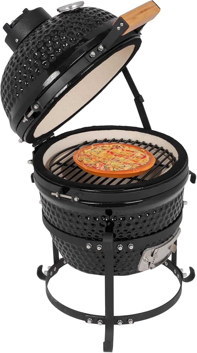 Outvita Ceramic Grill, 13 Round Kamado Charcoal Grill, Portable Barbecue Grill with Thermometer
