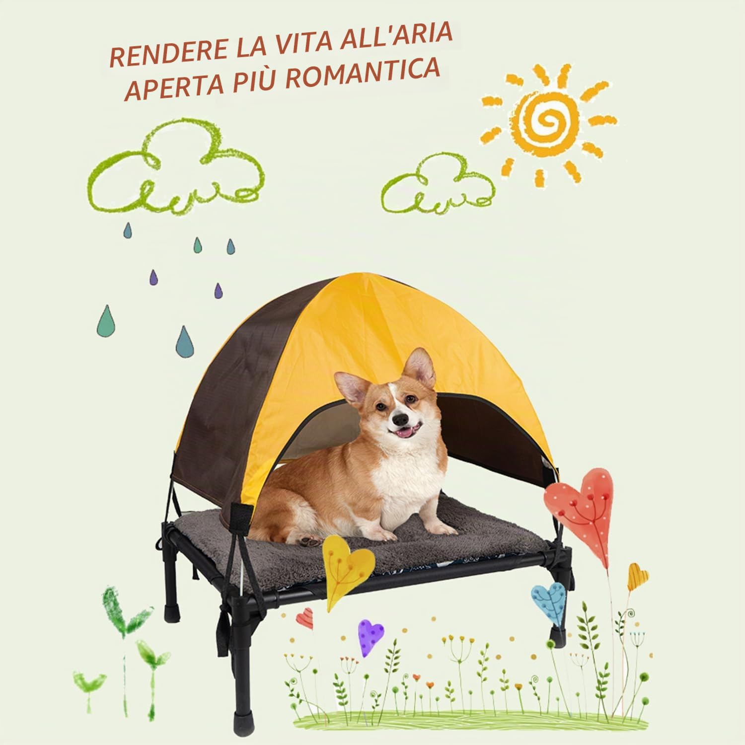 Cuccia Rialzata Per Cani Da Esterno Con Tetto,Lettino Per Cani,Protezione Dal Sole Su Tre Lati Con Piedi Antiscivolo,Include Cuscino e Sacca Di Stoccaggio,Per Campeggio,Giardino,Spiaggia e Piscina