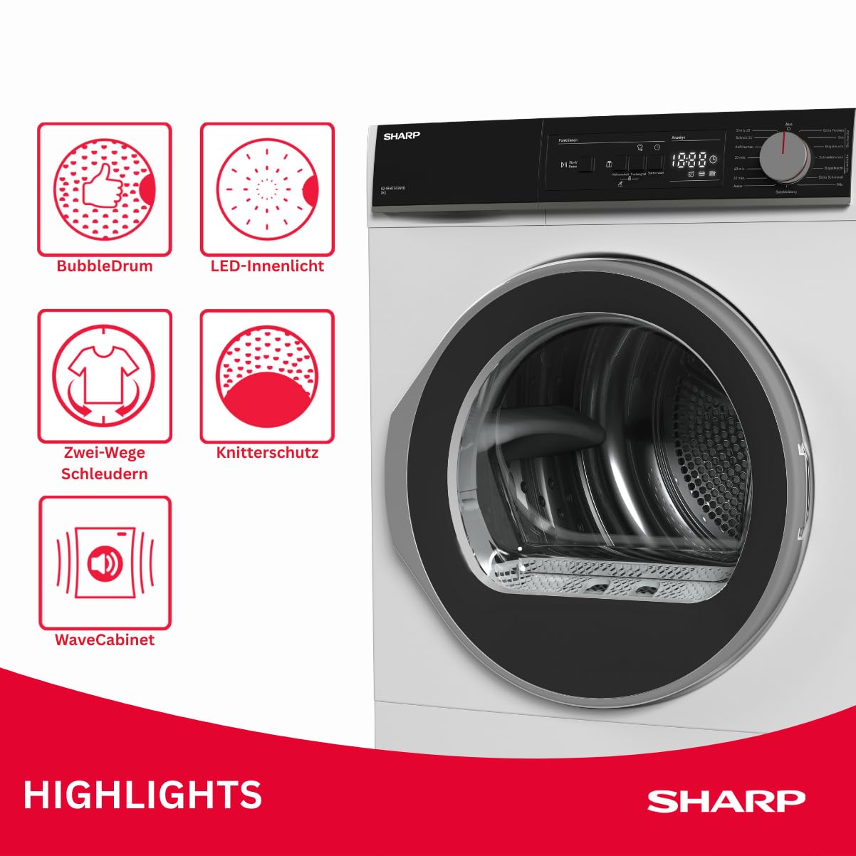 SHARP KD-NHA7S6GW1D-DE Wärmepumpentrockner (7 kg, EEK D), (15 Trockenprogramme, 20 Min. Kurzprogramm, Edelstahltrommel mit LED-Beleuchtung), Weiß