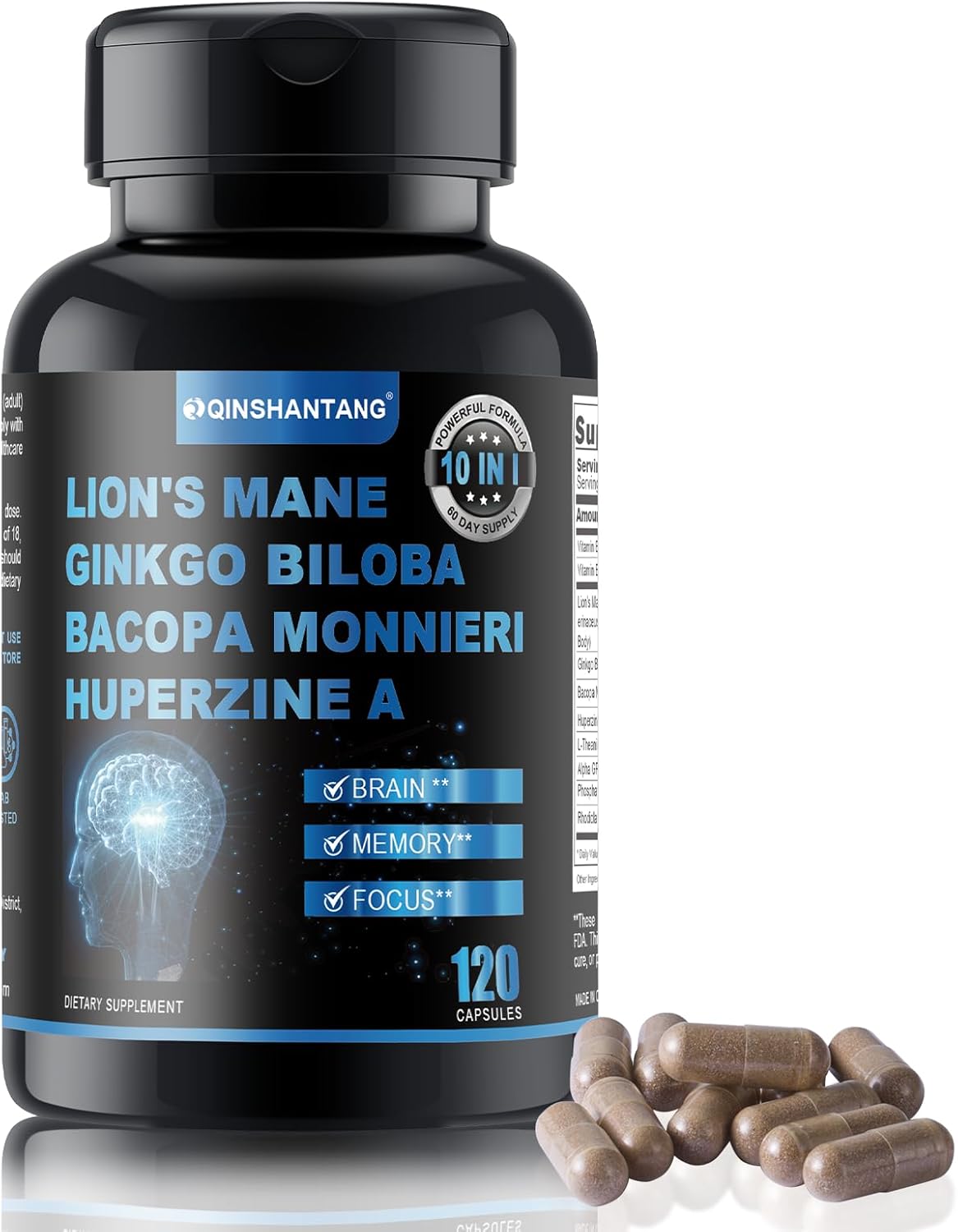 Lion’s Mane Supplement Capsules ＆ Bacopa Monnieri-120 Capsules Lion’s Mane Mushroom Blend, 10 in 1 for Enhanced Memory, Focus, and Brain Support