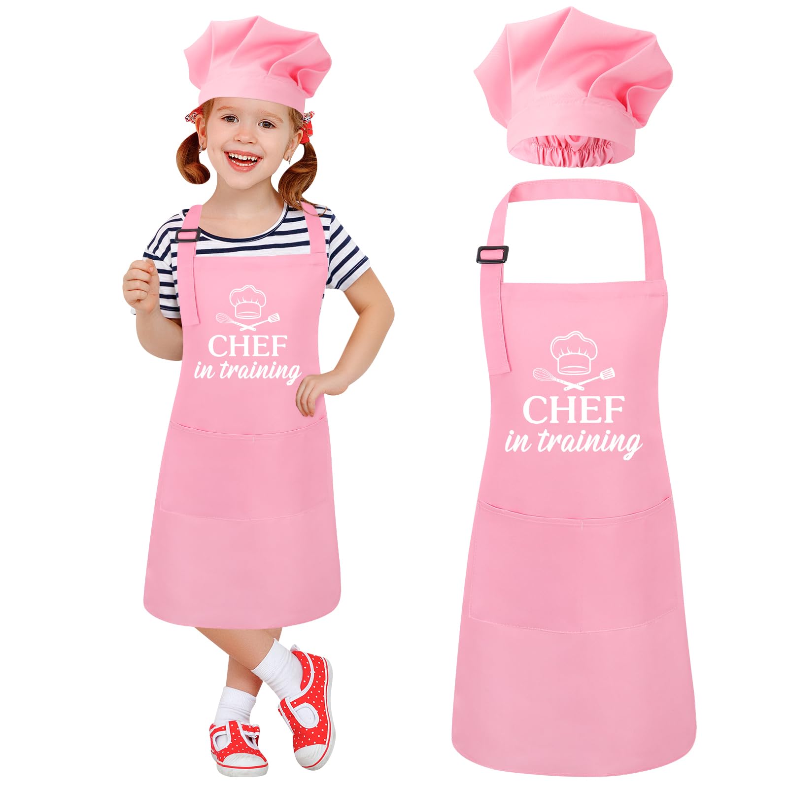 saerryor Chef Kids Apron and Chef Hat Cooking Apron with 2 Pockets,L