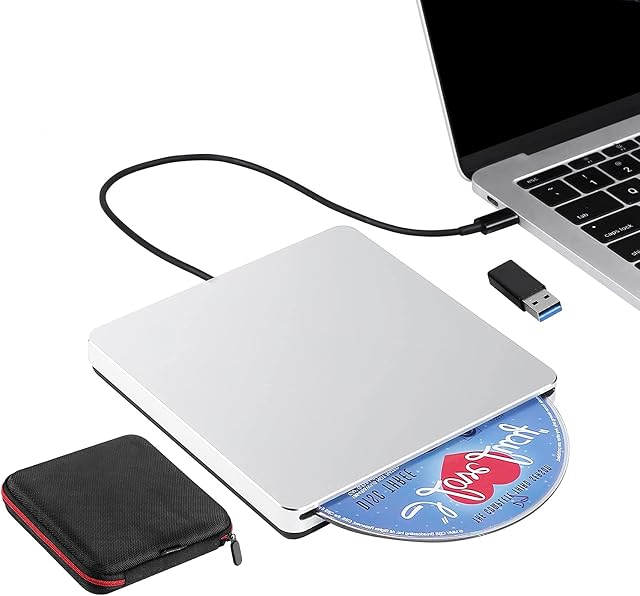 Biscon Tech External CD DVD Drive, USB 3.0 Type-C Portable CD DVD+/-RW Burner Slim DVD/CD ROM Rewriter Writer Reader, Optical DVD Player for Laptop PC Mac Macbook Pro Air Windows 11 10 Apple iMac